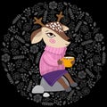 Deer with a Cup of coffee with marshmallows sitting on a stone in a cozy sweater .